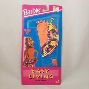 1992 Barbie Easy Living Fashions Neon Orange Ruffle Abstract Print Dress 860